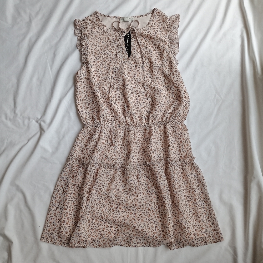 Paper Crane Blouson Dress Women's L Ditsy Floral Peasant Short Ruffle Beige